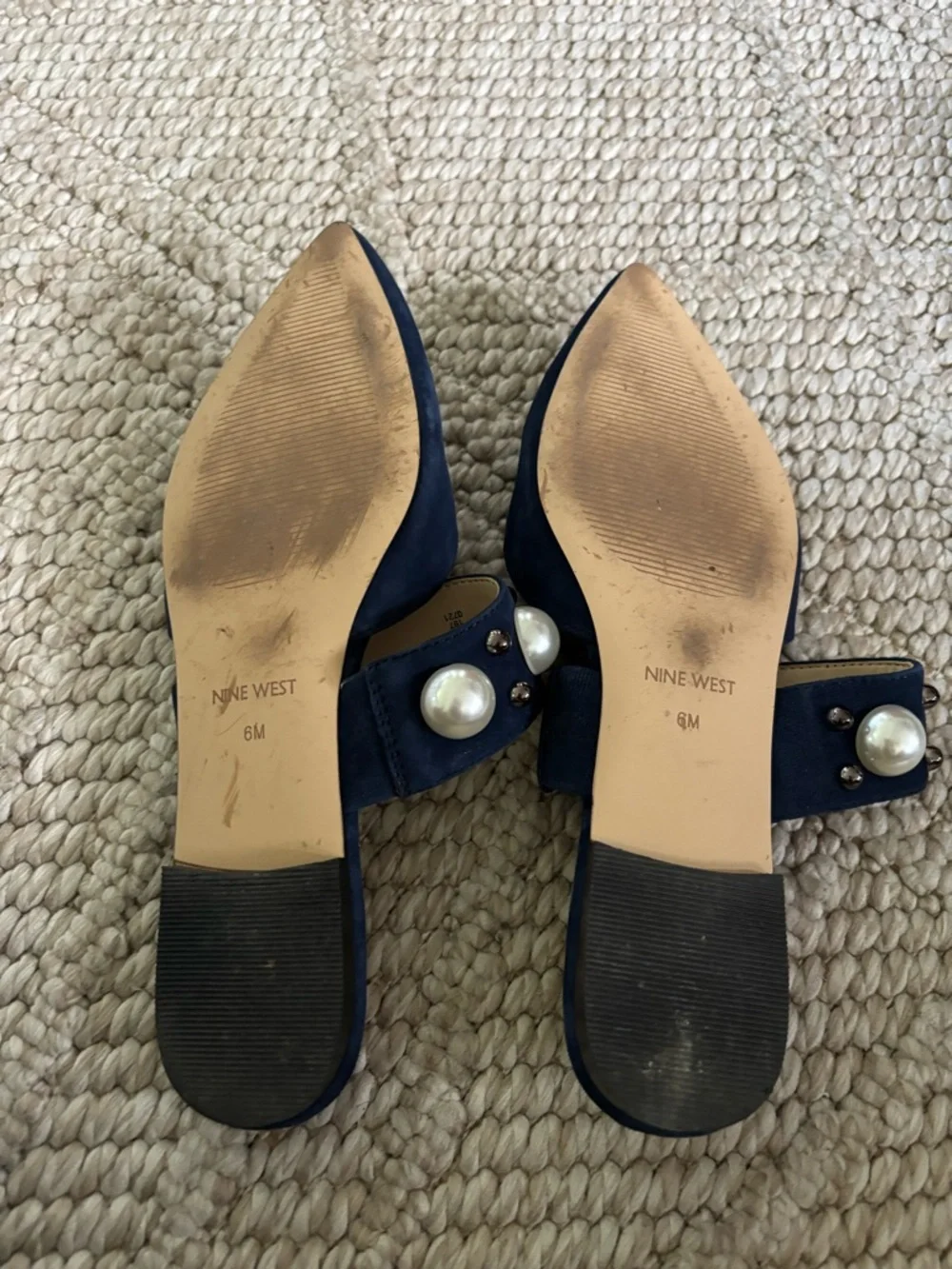 Nine West Navy Pearl-Stud Pointed Toe Slide Mules - Picture 3 of 4